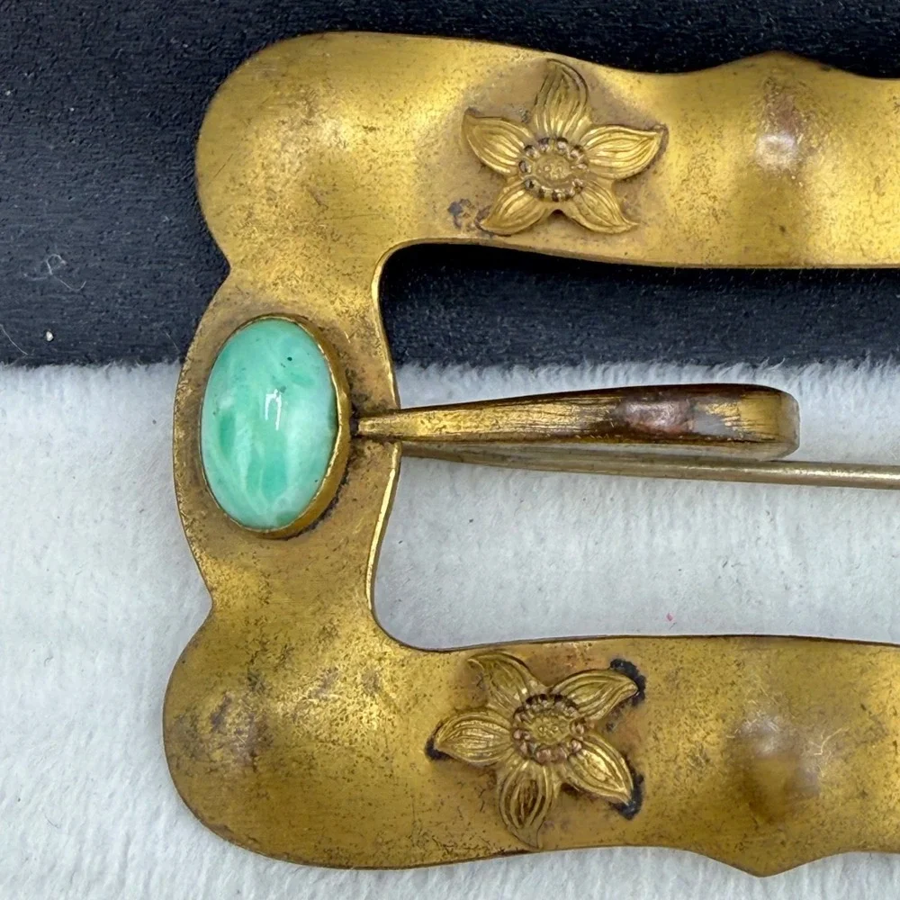 Vintage Sash Brooch Gold Tone Art Deco Green
